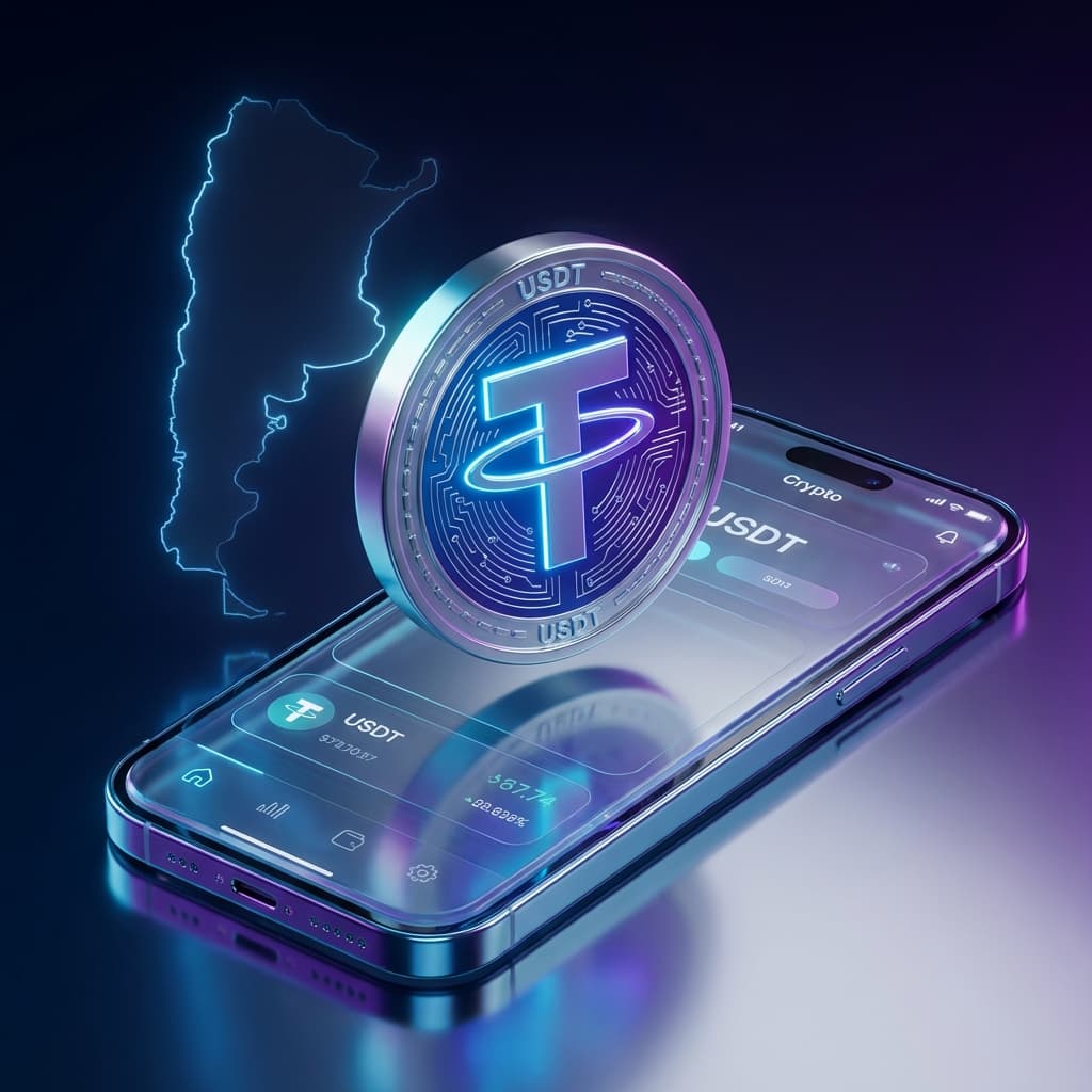 3D illustration of a digital dollar coin (USDT) over a smartphone with the map of Argentina in the background.
